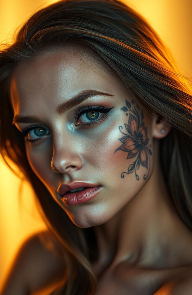 A striking portrait of a woman with a beautifully intricate tattoo on her face featuring swirling floral patterns and geometric shapes