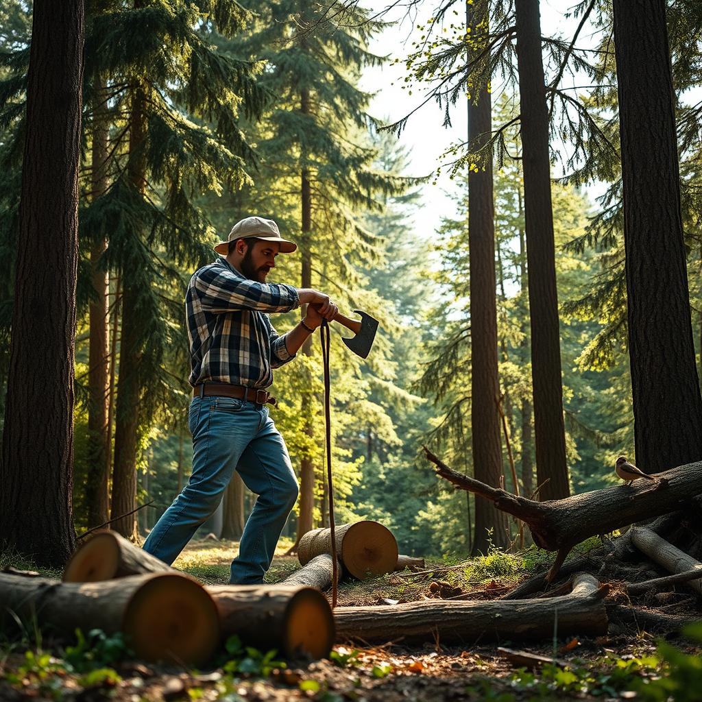 A lumberjack hard at work in a lush green forest, chopping down trees for wood