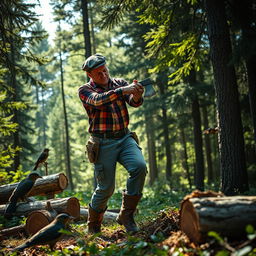 A lumberjack hard at work in a lush green forest, chopping down trees for wood