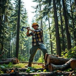 A lumberjack hard at work in a lush green forest, chopping down trees for wood