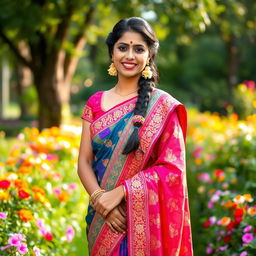 A beautiful Indian woman dressed in a vibrant saree, adorned with intricate gold embroidery and bright jewel tones