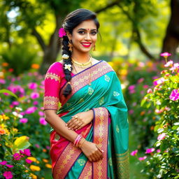 A beautiful Indian woman dressed in a vibrant saree, adorned with intricate gold embroidery and bright jewel tones