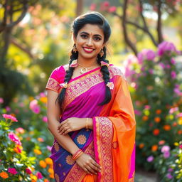 A beautiful Indian woman dressed in a vibrant saree, adorned with intricate gold embroidery and bright jewel tones