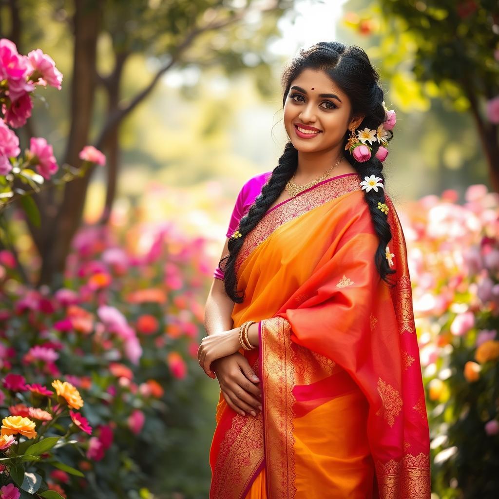 A beautiful Indian woman dressed in a vibrant saree, adorned with intricate gold embroidery and bright jewel tones