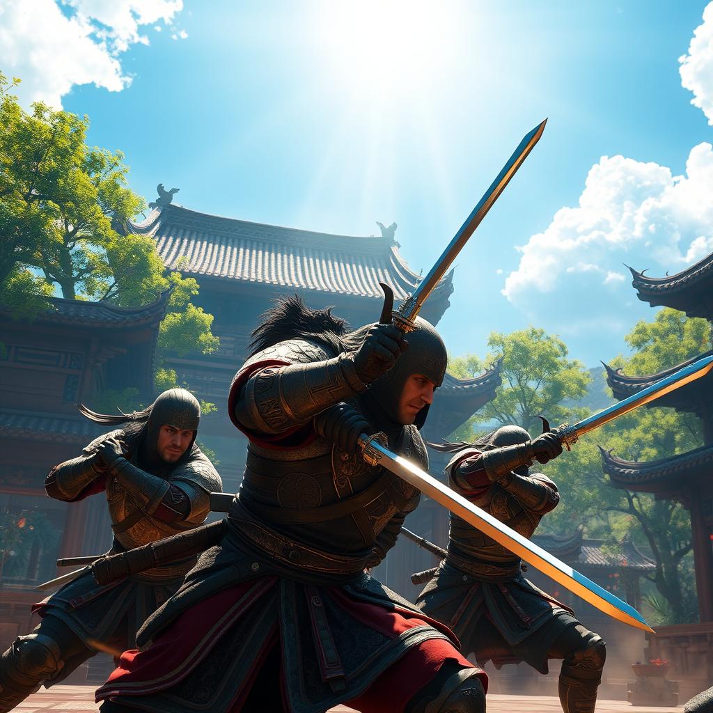 A dramatic fight scene between two warriors, inspired by the art style of the video game 'Witcher 3: Wild Hunt'