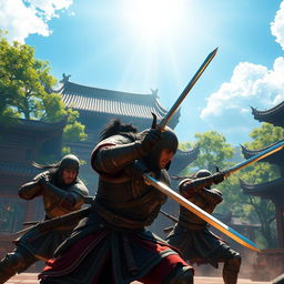 A dramatic fight scene between two warriors, inspired by the art style of the video game 'Witcher 3: Wild Hunt'