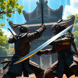 A dramatic fight scene between two warriors, inspired by the art style of the video game 'Witcher 3: Wild Hunt'