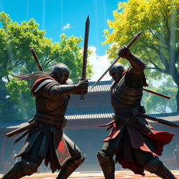 A dramatic fight scene between two warriors, inspired by the art style of the video game 'Witcher 3: Wild Hunt'
