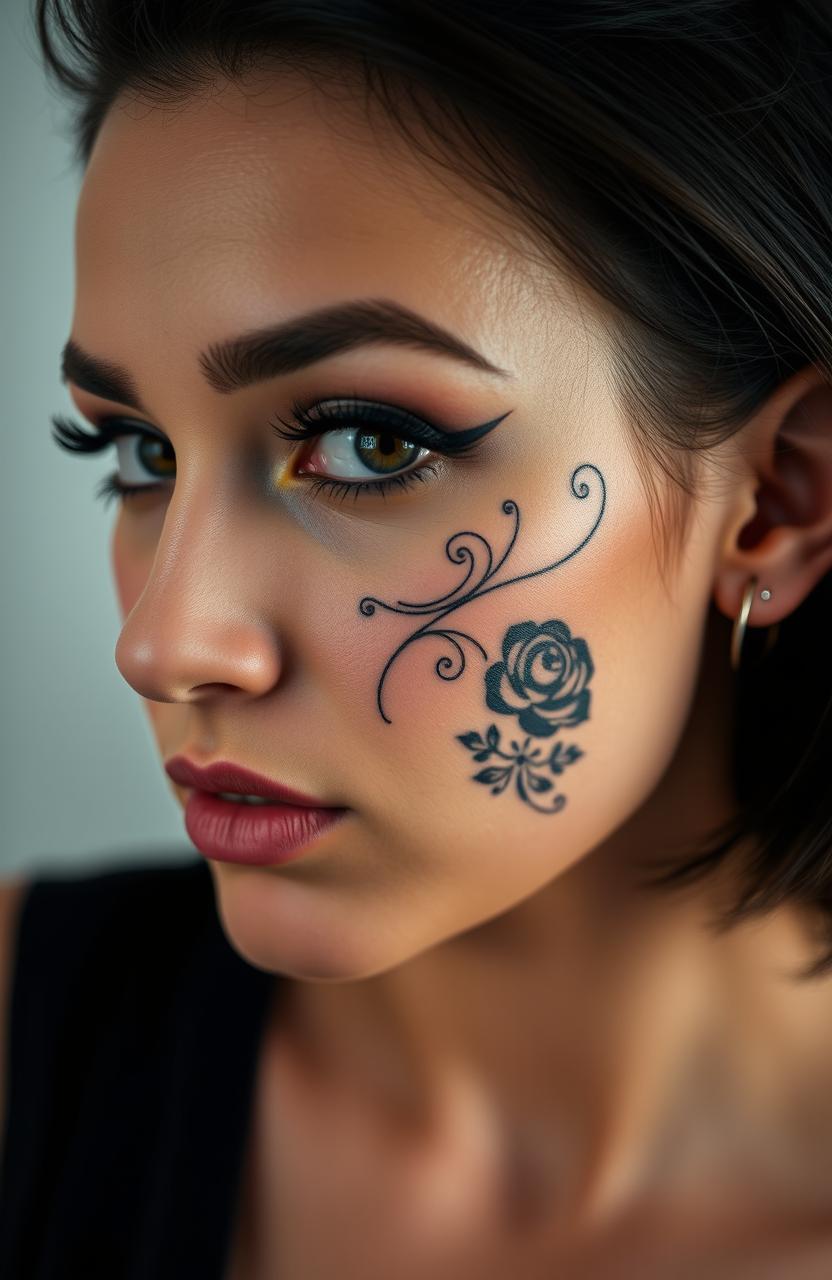 A close-up portrait of a woman with an intricate tattoo design on her face