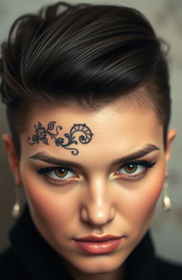 A close-up portrait of a woman with an intricate tattoo design on her face