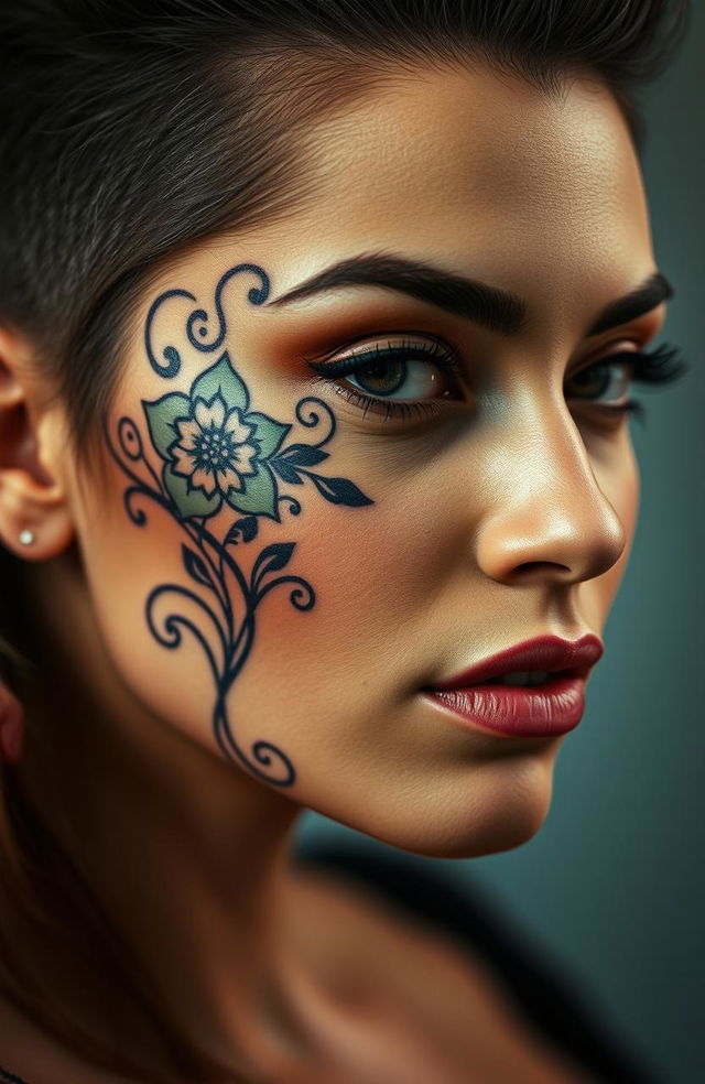 A close-up portrait of a woman with an intricate tattoo design on her face