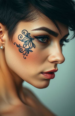 A close-up portrait of a woman with an intricate tattoo design on her face