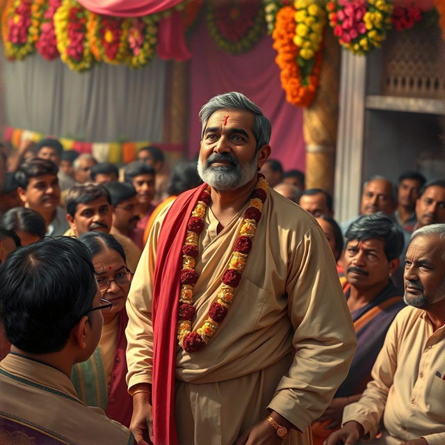 A dramatic scene depicting Yashodanand, a middle-aged man with a confident demeanor, standing before a crowd at a vibrant wedding ceremony