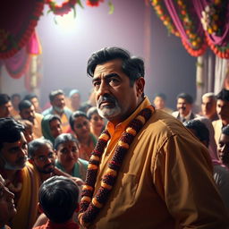 A dramatic scene depicting Yashodanand, a middle-aged man with a confident demeanor, standing before a crowd at a vibrant wedding ceremony