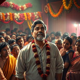 A dramatic scene depicting Yashodanand, a middle-aged man with a confident demeanor, standing before a crowd at a vibrant wedding ceremony