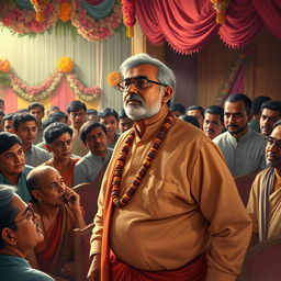 A dramatic scene depicting Yashodanand, a middle-aged man with a confident demeanor, standing before a crowd at a vibrant wedding ceremony