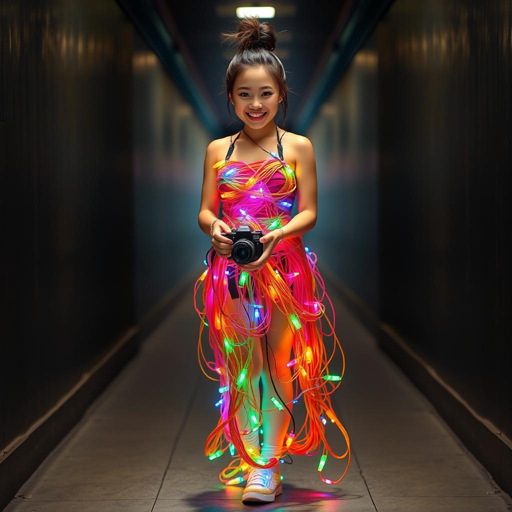 A beautiful Asian woman wearing a dress made of colorful cables and lights, intricately wrapped to form a stunning gown