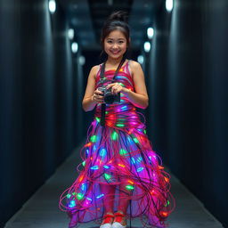 A beautiful Asian woman wearing a dress made of colorful cables and lights, intricately wrapped to form a stunning gown