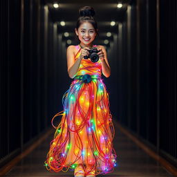 A beautiful Asian woman wearing a dress made of colorful cables and lights, intricately wrapped to form a stunning gown