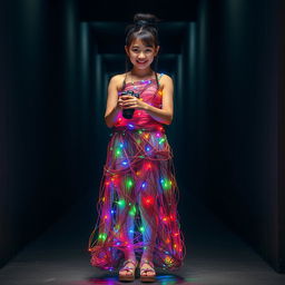 A beautiful Asian woman wearing a dress made of colorful cables and lights, intricately wrapped to form a stunning gown