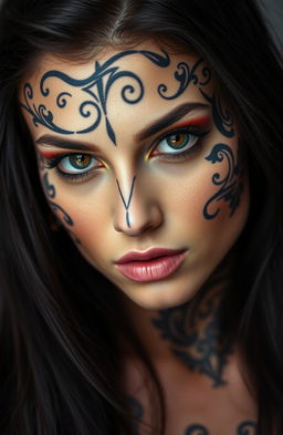 A striking portrait of a beautiful woman with dark, intricate tattoo designs on her face
