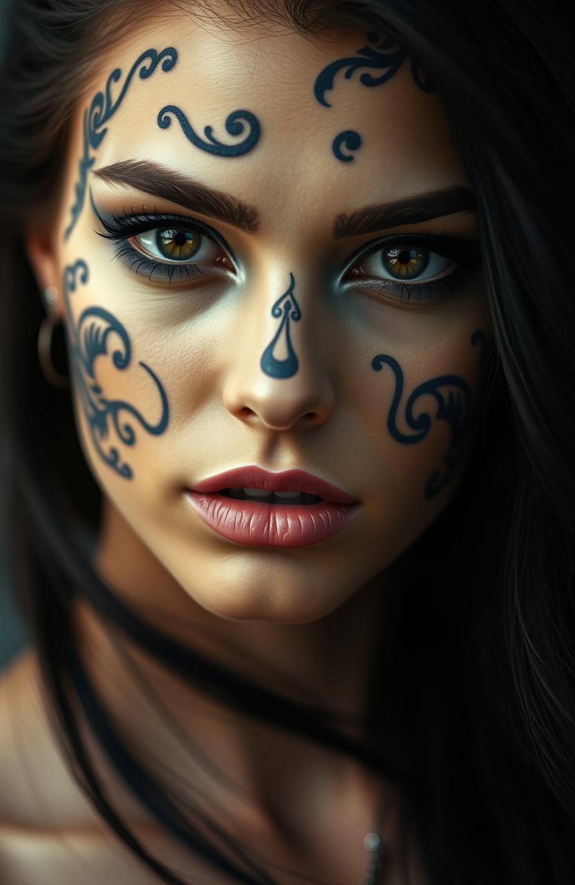 A striking portrait of a beautiful woman with dark, intricate tattoo designs on her face