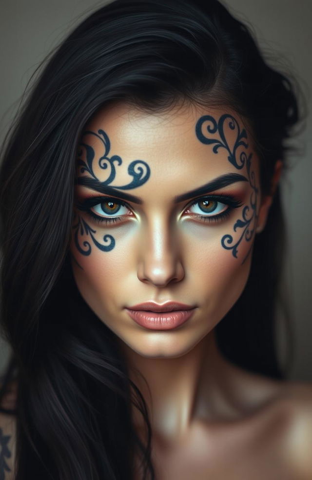 A striking portrait of a beautiful woman with dark, intricate tattoo designs on her face