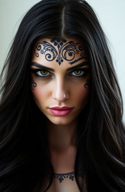 A striking portrait of a beautiful woman with dark, intricate tattoo designs on her face