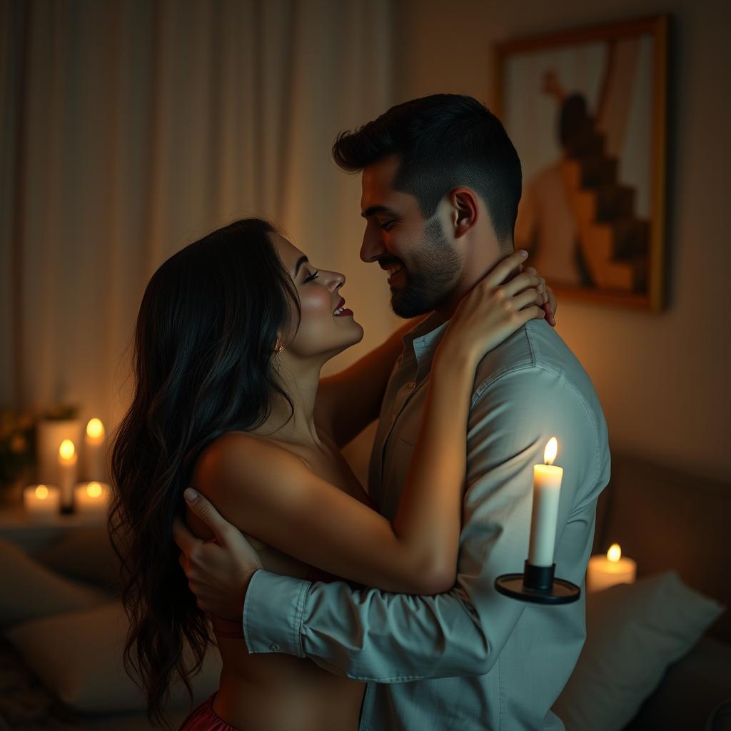 A passionate and intimate scene featuring a couple sharing a tender moment in a private setting, showcasing their connection and chemistry