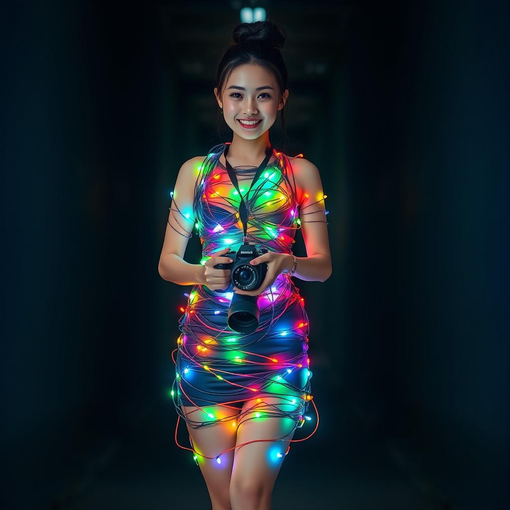 A beautiful Asian woman wearing a dress made of colorful wires and lights wrapped around her body, her shoes also crafted from wires with colorful lights