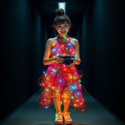 A beautiful Asian woman wearing a dress made of colorful wires and lights wrapped around her body, her shoes also crafted from wires with colorful lights
