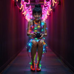 A beautiful Asian woman wearing a dress made of colorful wires and lights wrapped around her body, her shoes also crafted from wires with colorful lights
