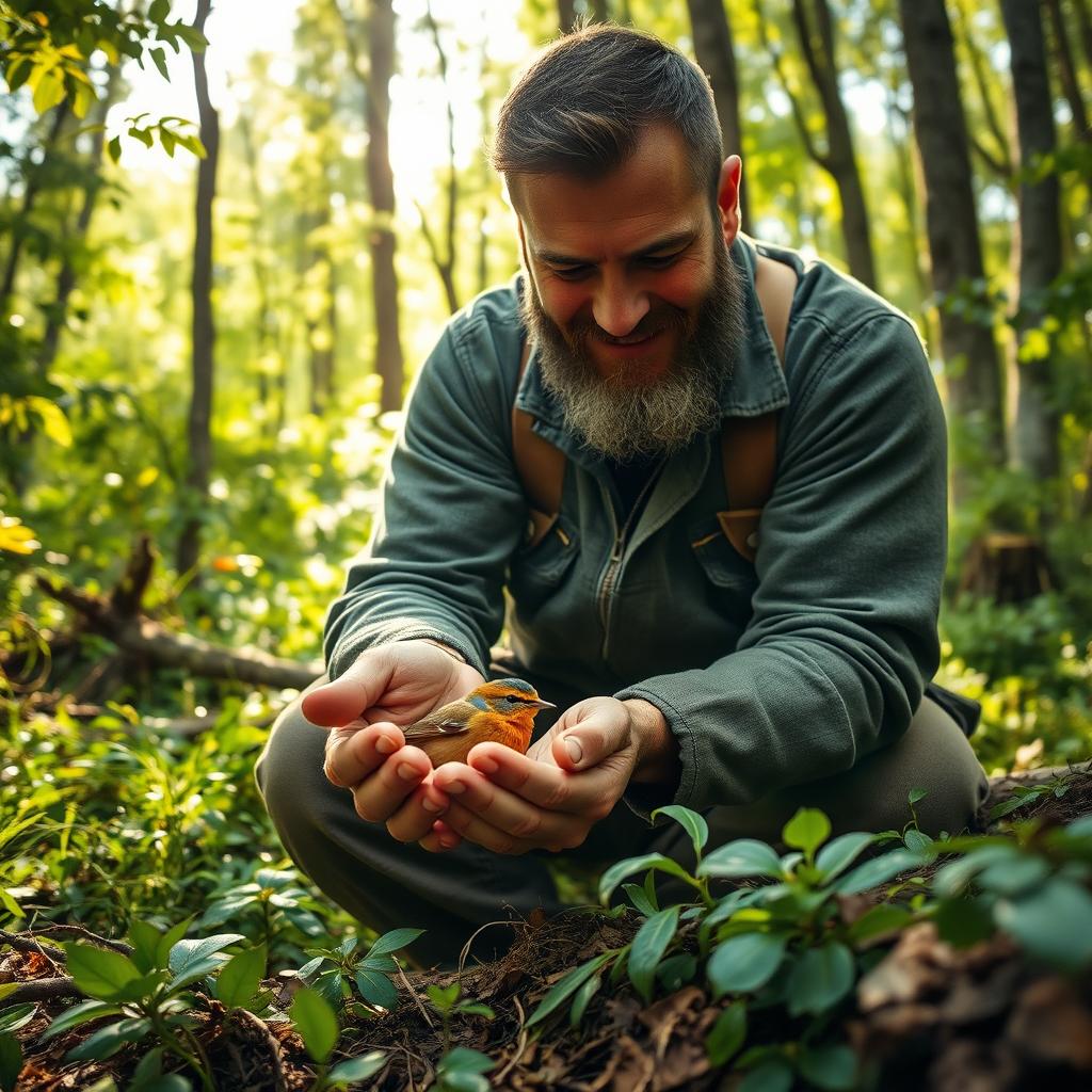 A woodcutter in a dense, green forest discovers an injured bird lying on the ground