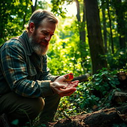 A woodcutter in a dense, green forest discovers an injured bird lying on the ground