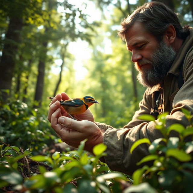 A woodcutter in a dense, green forest discovers an injured bird lying on the ground