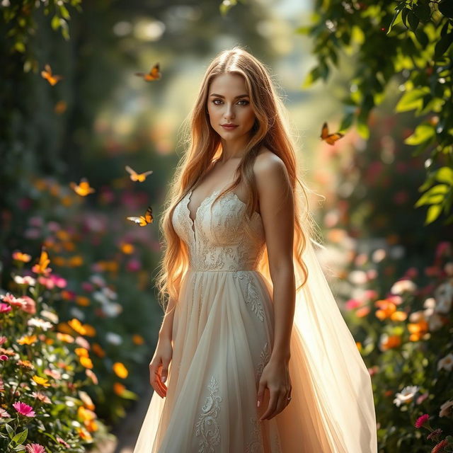 A stunningly beautiful woman with long, flowing hair, perfectly manicured nails, and radiant skin, standing in a lush garden filled with colorful flowers