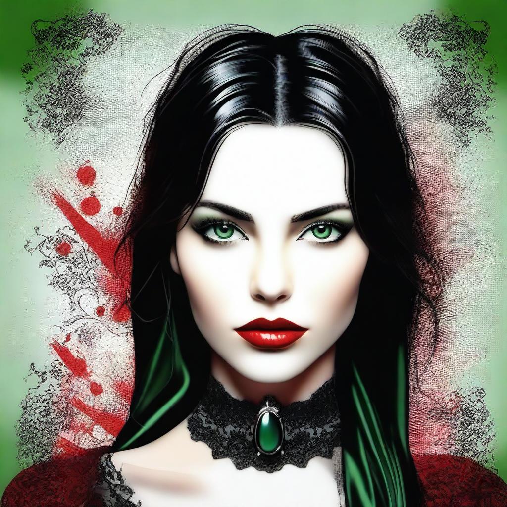 This high-quality digital art image portrays a young woman with enchanting green eyes and sleek black hair