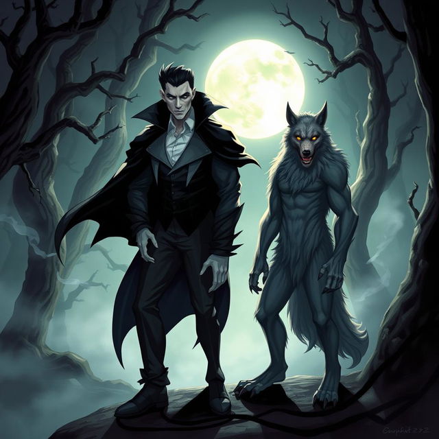 A captivating illustration of a vampire and a werewolf standing side by side in a dark, enchanted forest