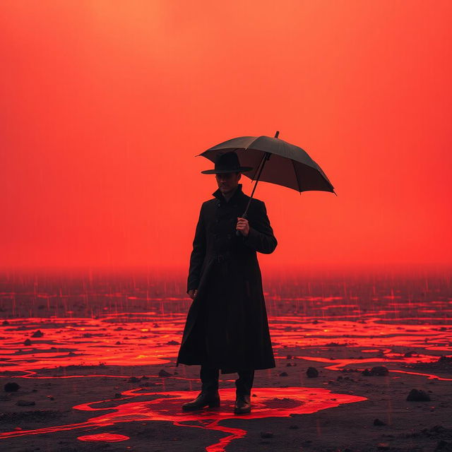 A man wearing a black coat and a broad-brimmed black hat, holding a black umbrella, stands in an empty space under a red sky, with rain made of lava falling around him