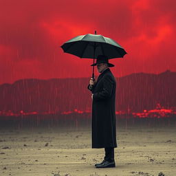 A man wearing a black coat and a broad-brimmed black hat, holding a black umbrella, stands in an empty space under a red sky, with rain made of lava falling around him