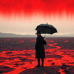 A man wearing a black coat and a broad-brimmed black hat, holding a black umbrella, stands in an empty space under a red sky, with rain made of lava falling around him