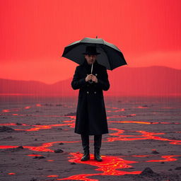 A man wearing a black coat and a broad-brimmed black hat, holding a black umbrella, stands in an empty space under a red sky, with rain made of lava falling around him