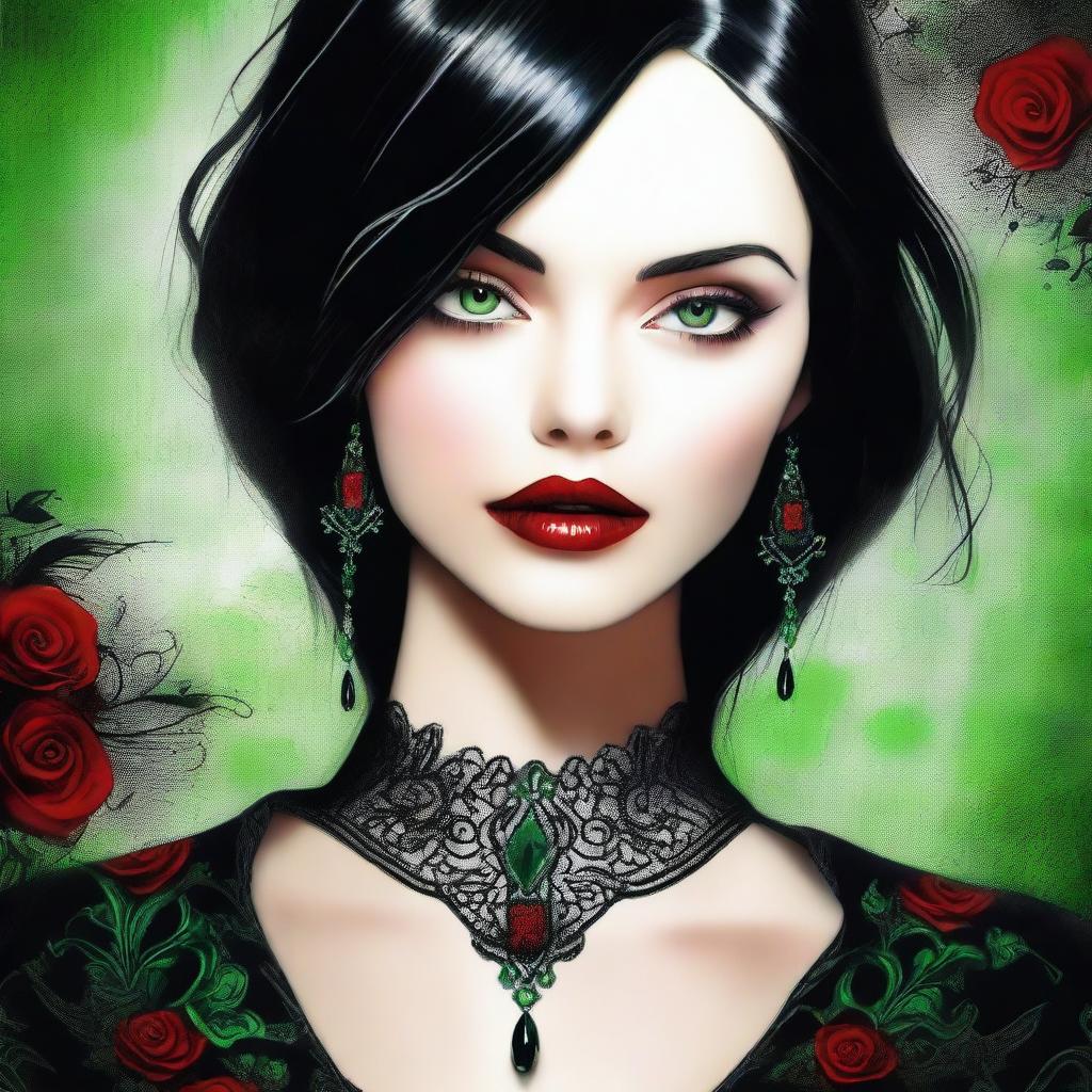 This high-quality digital art image portrays a young woman with enchanting green eyes and sleek black hair