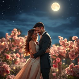 A romantic scene of a couple embracing under a starry night sky, with soft moonlight illuminating their faces