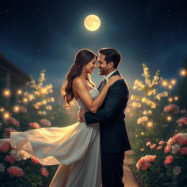 A romantic scene of a couple embracing under a starry night sky, with soft moonlight illuminating their faces