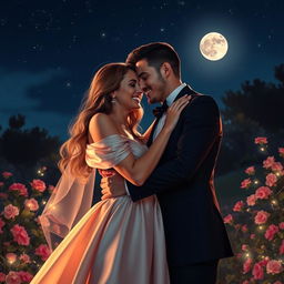 A romantic scene of a couple embracing under a starry night sky, with soft moonlight illuminating their faces