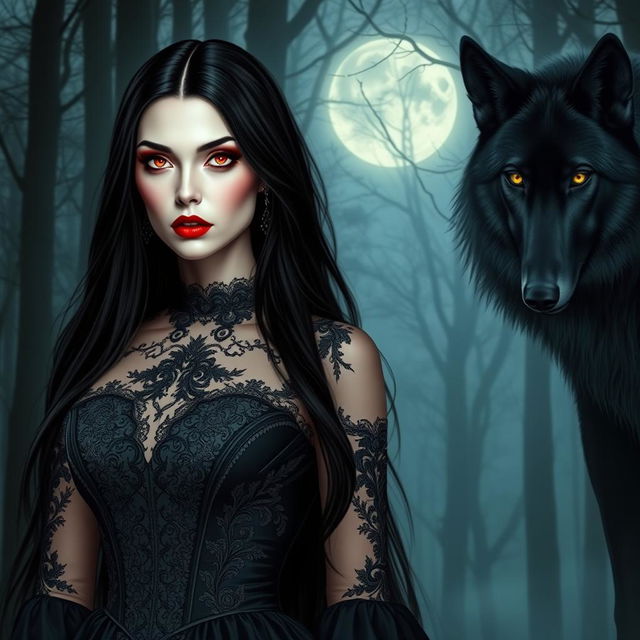 An enchanting vampire woman with long flowing black hair, pale skin, and piercing red eyes, wearing an elaborate Gothic dress adorned with intricate lace and subtle hints of silver