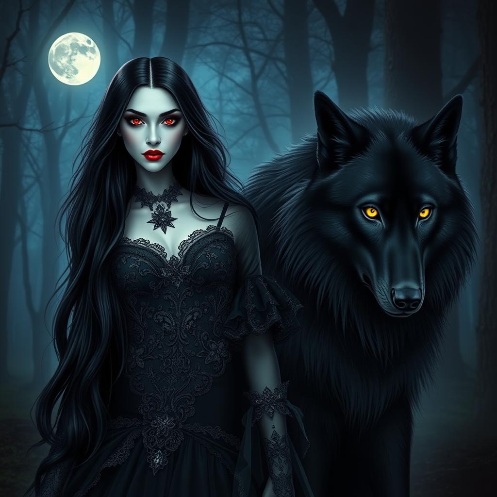 An enchanting vampire woman with long flowing black hair, pale skin, and piercing red eyes, wearing an elaborate Gothic dress adorned with intricate lace and subtle hints of silver