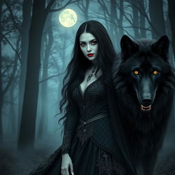 An enchanting vampire woman with long flowing black hair, pale skin, and piercing red eyes, wearing an elaborate Gothic dress adorned with intricate lace and subtle hints of silver