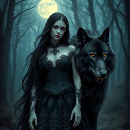 An enchanting vampire woman with long flowing black hair, pale skin, and piercing red eyes, wearing an elaborate Gothic dress adorned with intricate lace and subtle hints of silver